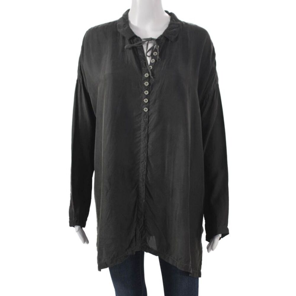 Pete & Greta Women Tunic Blouse Gray Collared Button Long Sleeve Cupra Size M